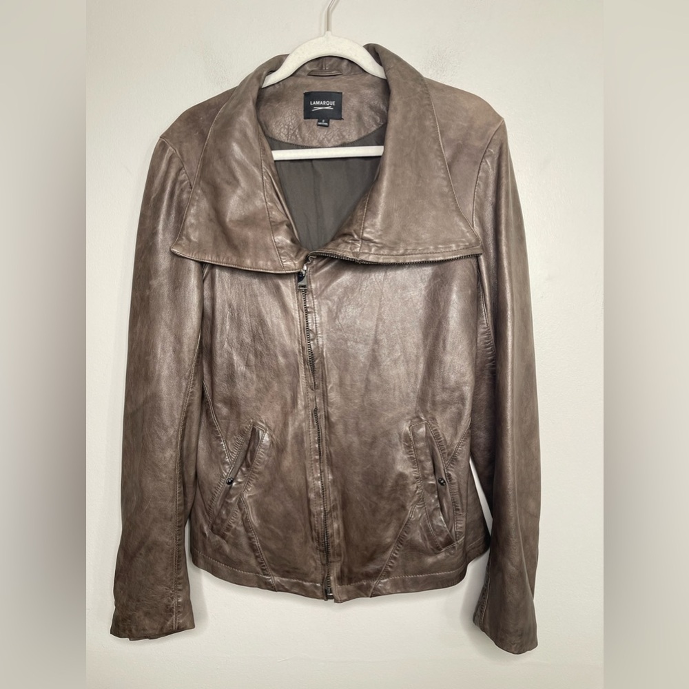 LaMarque 100% Lambskin Cowl Neck Espresso Leather Jacket S Biker Grunge Coquette